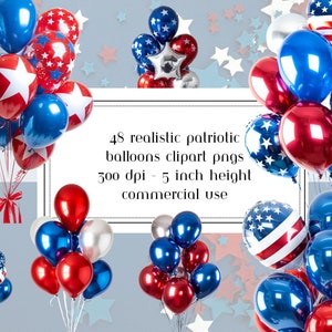 Realistic Patriotic Balloons Clipart, Patriotic Party Clipart, Fourth of July Balloon Graphics, Red White and Blue Balloon Clipart, USA