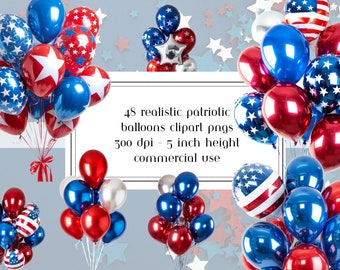 Patriotic Balloons Clipart: Red, White, and Blue USA Graphics (Digital Download)