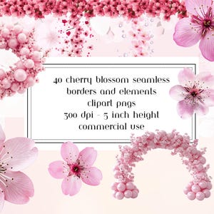 Cherry Blossom Clipart, Pink Cherry Blossom, Cherry Blossom Seamless Border, Sakura Graphics, Sakura Clipart, Sakura Wreaths, Cherry Blossom