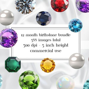 Può includere: Una collezione di 12 gemme di pietre di nascita in vari colori, tra cui rosso, blu, verde, viola e giallo. Le gemme sono disposte su uno sfondo bianco con il testo "12 month birthstone bundle 588 images total 300 dpi - 5 inch height commercial use".