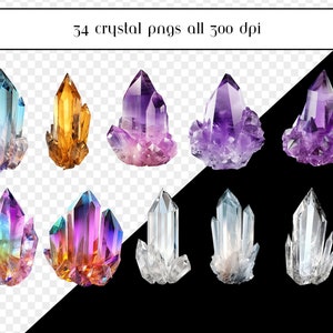 Pu&ograve; includere: Una collezione di 10 gruppi di cristalli in vari colori, tra cui viola, blu, arancione e trasparente. I cristalli sono disposti in due file di cinque, con uno sfondo bianco e nero.