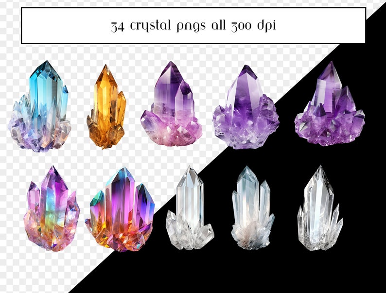 Pu&ograve; includere: Una collezione di 10 gruppi di cristalli in vari colori, tra cui viola, blu, arancione e trasparente. I cristalli sono disposti in due file di cinque, con uno sfondo bianco e nero.
