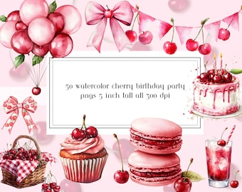 Cherry Birthday Party Clipart, Cherry Birthday Clipart, Cherry Graphics, Cherry Cake Graphics Commercial Use, Cherry PNG Artwork