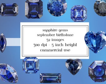 Puede incluir: Una colección de 52 gemas de zafiro en varias formas, incluyendo redonda, cuadrada, corazón y marquesa. Las gemas son de un color azul intenso y están colocadas sobre un fondo azul claro. El texto "sapphire gems september birthstone 52 images 300 dpi - 5 inch height commercial use" se muestra en un rectángulo blanco.