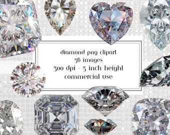 May include: A collection of 56 diamond images in various shapes and sizes, including round, square, heart, and pear. The diamonds are rendered in a realistic style with sparkling facets and a white background.