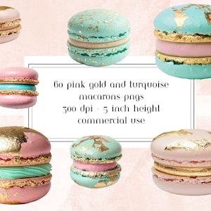 Pink Gold Macaron Clipart: Turquoise Macarons Graphics (Digital Download)