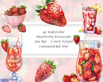 Strawberry Lemonade Clipart: Commercial Use Graphics (Digital Download)