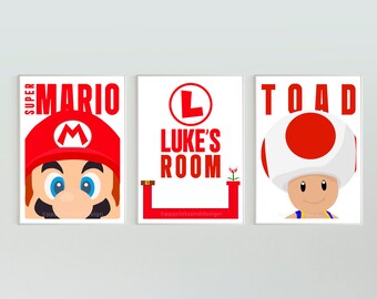 Personalised Set of 3 Super Mario & Toad print set graphic, Childs room artwork, Gamer gift for him art, Gift for boys, mario gifts