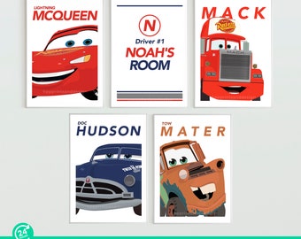 Lot de 5 impressions personnalisables Les voitures Pixar pour chambre d'enfant, impression Lightning McQueen Mac Mater Doc Hudson pour chambre de tout-petit, oeuvre d'art murale Pixar sur le thème des voitures