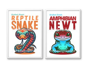 Reptile Amphibian Prints: Snake, Newt, Lizard, Frog Set of