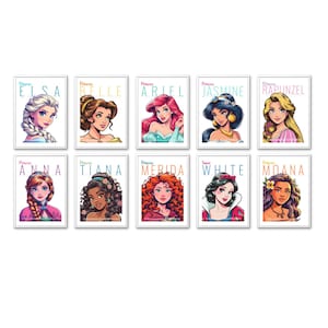 Puede incluir: Un conjunto de 10 tarjetas imprimibles con princesas de Disney. Cada tarjeta tiene el nombre de una princesa en la parte superior y una ilustración colorida de la princesa. Las princesas que aparecen son Elsa, Bella, Ariel, Jasmine, Rapunzel, Anna, Tiana, Mérida, Blancanieves y Moana.
