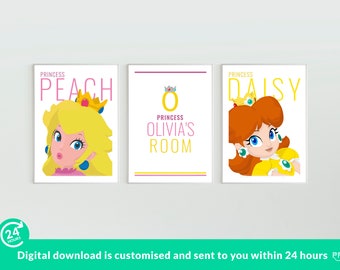 Set of 3 Mario Princesses print set Personalised graphic, Childs room artwork, Gamer gift for her wall art, Gift for girls, princess peach