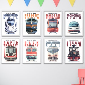 Train boys room prints, boys room decor, Train decor, boys room wall art, kids room decor Train art A3 A4 or A5 Transportation art Set of 8