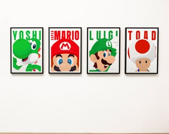 Set of 4 Mario, luigi, yoshi, toad printable poster, Gamer gift for him minimalist art, kids room art print, A3, A4, 11x14, mario wall art