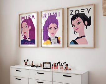 Kpop Demon Hunters set of 3 art prints, Rumi, Mira and Zoey