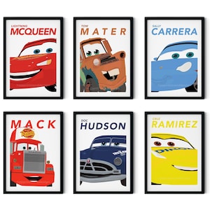 Láminas de Pixar Cars para guardería, Rayo McQueen, Mac, Mater, Doc Hudson, Sally Carrera Cruz para habitación de niños pequeños, arte de pared con temática de Cars, impresión real