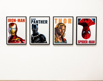 Set of 4 Superhero prints, iron man, black panther, thor,  spiderman print, boys bedroom decor, boys room decor, Childs print, marvels gift