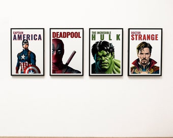 Set of 4 Superhero prints, Captain America Deadpool Hulk Doctor Strange poster boys bedroom decor boys room decor Childs print, marvels gift