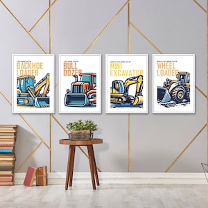 Juego de 4 impresiones de tractores para habitación de niños, decoración de habitación de niños, arte de pared de tierras de cultivo, niños pequeños, arte de pared para habitación de niños, decoración de habitación infantil A3 A4 A5