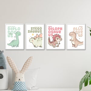 Juego de 4 impresiones de dinosaurios para guardería, estampado neutro de dinosaurio, decoración de dinosaurios para habitación de bebés, arte de pared para habitación infantil, impresión artística de dinosaurios, tamaño A3, A4 o A5