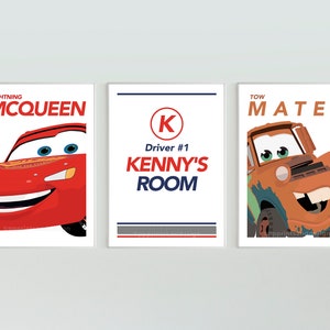 Personalised Set of 3 Cars Prints for Nursery, Lightning McQueen inspired Print for Toddlers Room, Cars Theme Wall Art for Kids gift