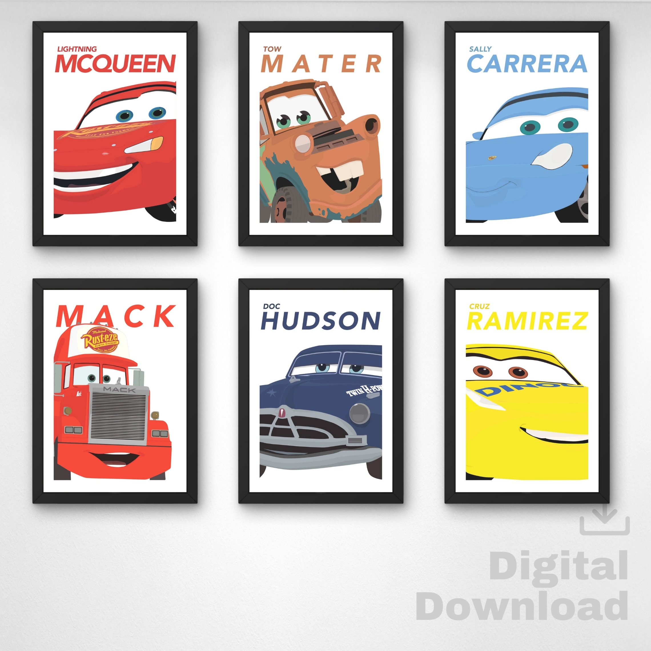 6 Set Cars Prints for Nursery Lightning McQueen Mac Mater Doc Hudson Carrera Ramirez Print for Toddlers Room Cars Theme Wall Art