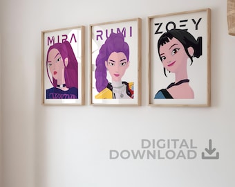 Kpop Demon Hunters set of 3 art prints, Rumi, Mira and Zoey (Digital Download)