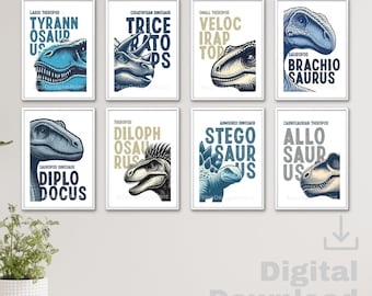 Set of 8 Dinosaur boys room prints, boys room decor, dinosaur decor, boys room wall art, kids room decor dinosaur art Dinosaur Nursery Decor