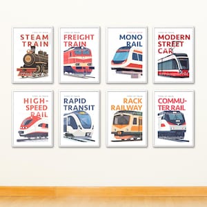 Train boys room prints, boys room decor, Train decor, boys room wall art, kids room decor Train art A3 A4 or A5 Transportation art Set of 8