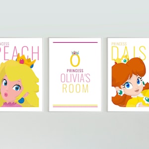 Set di 3 stampe delle principesse di Mario, grafica personalizzata, grafica per la cameretta dei bambini, regalo da parete per i gamer, regalo per bambine, principessa Peach.