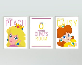 Lot de 3 imprimés Princesses Mario Graphisme personnalisé, oeuvre d'art pour chambre d'enfant, cadeau de gamer pour elle, art mural, cadeau pour fille, princesse pêche