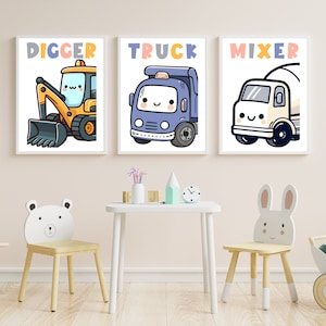 Láminas de camiones de construcción para habitación infantil (tamaño A3, A4 y A5), decoración de habitación infantil, arte mural para habitación de niño, pósteres de camiones para sala de juegos, pósteres para sala de juegos