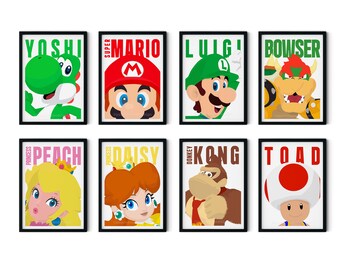 Set of 8 Mario, luigi, yoshi, Donkey Kong, Toad Princess peach & daisy printable poster, Gamer gift for him, kids room poser print, wall art