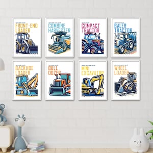 Juego de 8 impresiones de tractores para habitación de niños, decoración de habitación de niños, arte de pared de tierras de cultivo, niños pequeños, arte de pared para habitación de niños, decoración de habitación infantil A3 A4 A5
