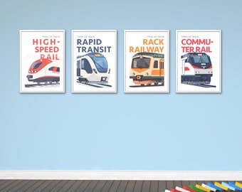 Set of 4 Train art boys room prints, boys room decor, Train decor, boys room wall art kids room decor Transportation decor  A3 A4 train fans
