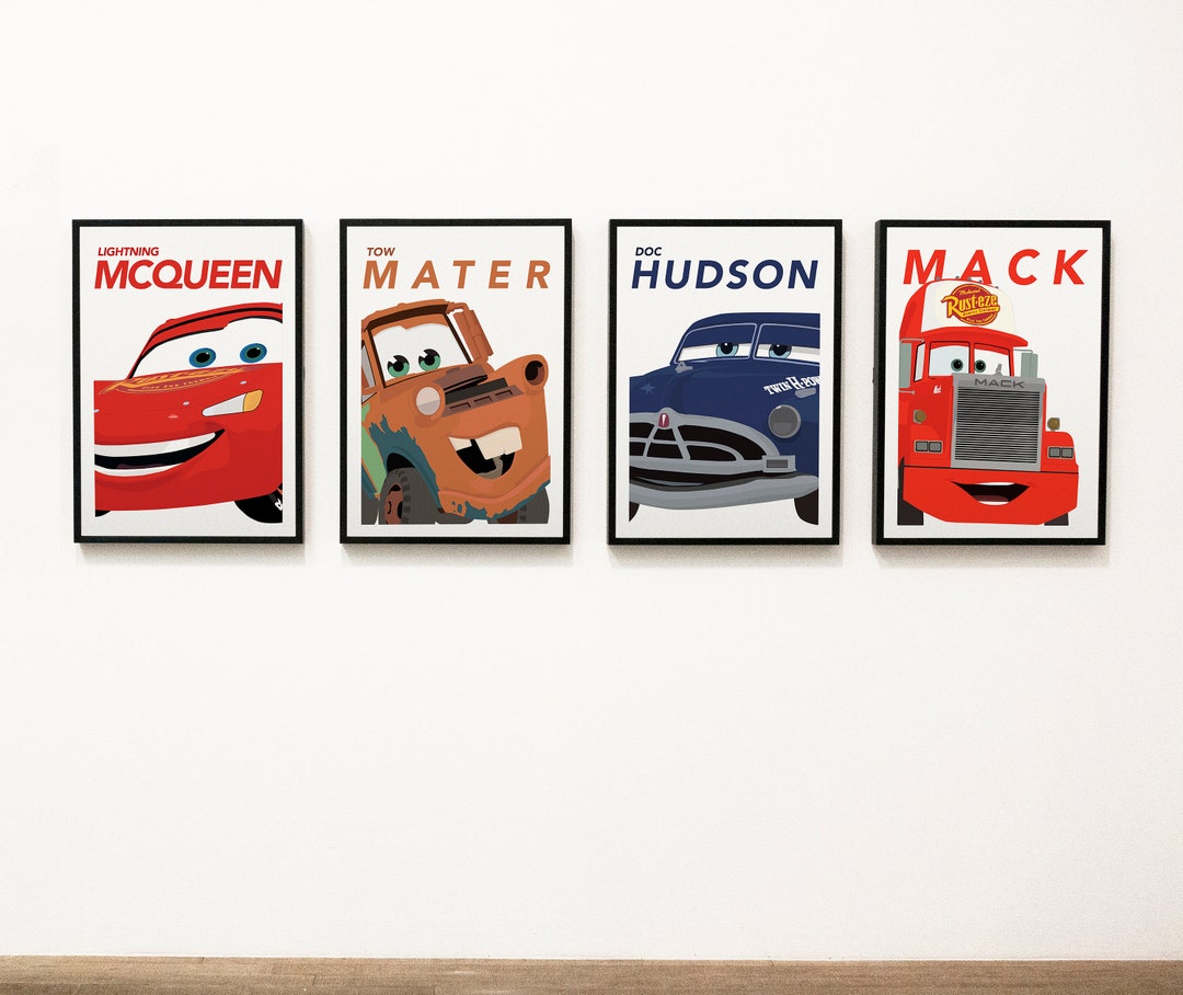 Set of 4 Cars Prints for Nursery Lightning Mcqueen Mac Mater Doc Hudson ...