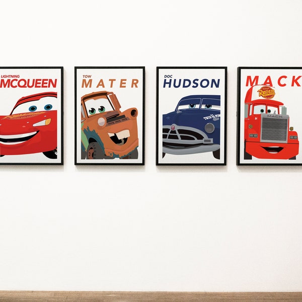 Set of 4 Cars Pixar Prints for Nursery Lightning McQueen Mac Mater Doc Hudson Print for Toddlers Room Pixar Cars Theme Wall Art actual print