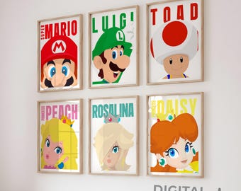 Mario Character Prints: Minimalist Gamer Art, Kids Room Decor (Digital Download)