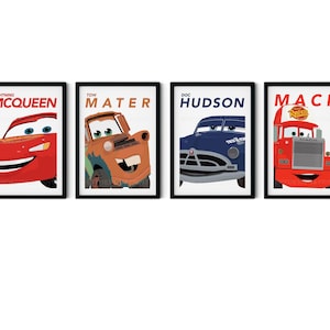 Conjunto de 4 impresiones de Pixar Cars para guardería, Rayo McQueen, Mac, Mater, Doc Hudson, impresión para habitación de niños pequeños, arte de pared con temática de Cars, impresión real