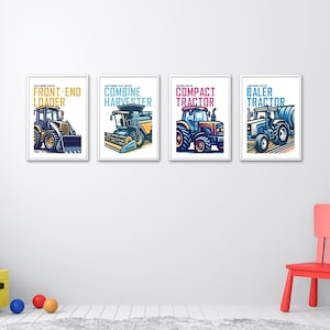 Juego de 4 impresiones de tractores para habitación de niños, decoración de habitación de niños, arte de pared de tierras de cultivo, niños pequeños, arte de pared para habitación de niños, decoración de habitación infantil A3 A4 A5
