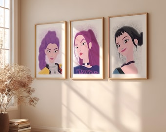 Kpop Demon Hunters set of 3 minimalist art prints, Rumi, Mira and Zoey