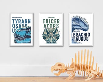 Set of 3 Dinosaur boys room prints, boys room decor, dinosaur decor, boys room wall art, kids room decor dinosaur art A3, A4, A5