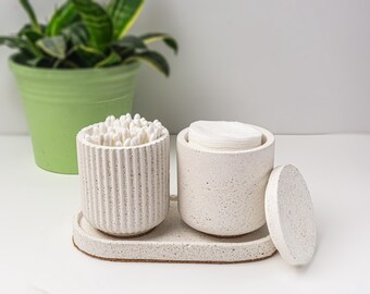 Concrete Bathroom Set – Minimalist Beige Jars, Tray – Japandi Vanity Organizer