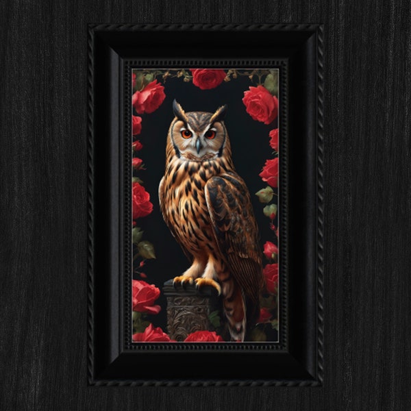 Gothic Owl Digital Print on Roses | Dark and Mysterious Wall Art | Instant Download Printable Decor | Unique Vintage-Inspired Home Decor