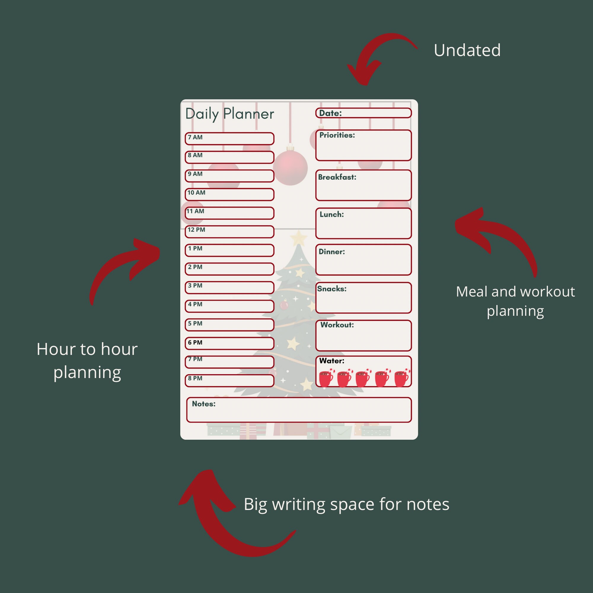 Daily Printable Planner, Day Planner, Christmas Planner, Hour by Hour ...