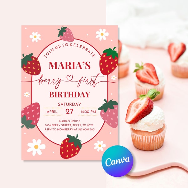 Berry First Birthday Invitation, Strawberry birthday invite, First birthday Berry invite, Berry digital birthday invite, Berry Party invite