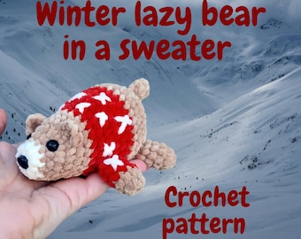 Winter lazy bear in a sweater, little amigurumi tutorial for beginners, PDF digital English