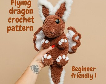 Flying dragon crochet pattern for beginner, plush amigurumi PDF, snuggler animal toy