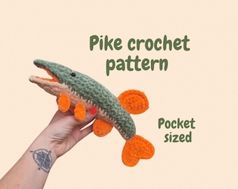 Small pike crochet pattern, pocked sized plushie amigurumi tutorial, English PDF digital