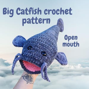 Big catfish bass plush crochet pattern, digital tutorial for beginners, English PDF